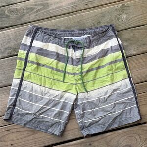 George Men’s Medium Swim Trunks Board Shorts Gray Green Striped